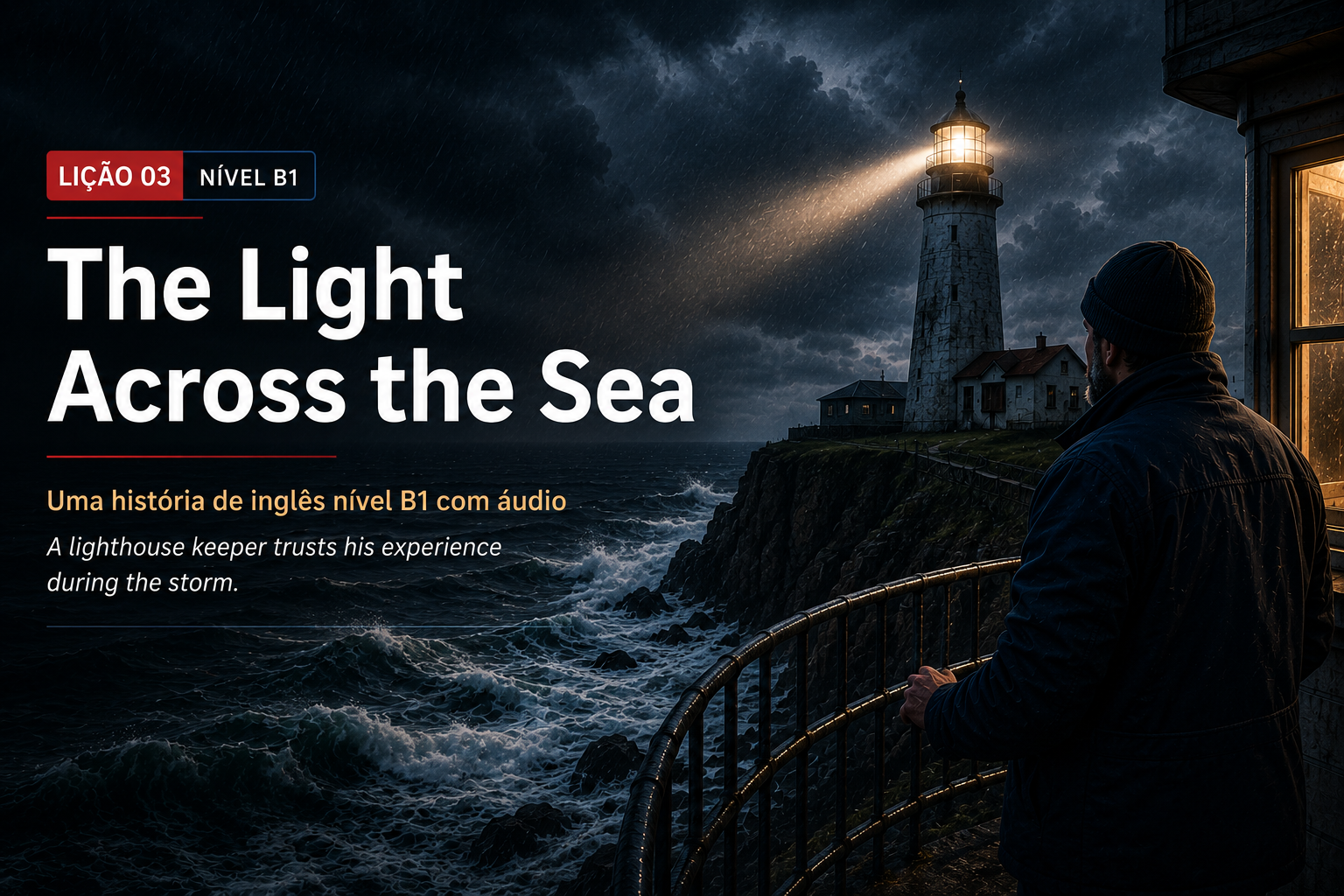 Faroleiro observa o mar durante uma tempestade em The Light Across the Sea